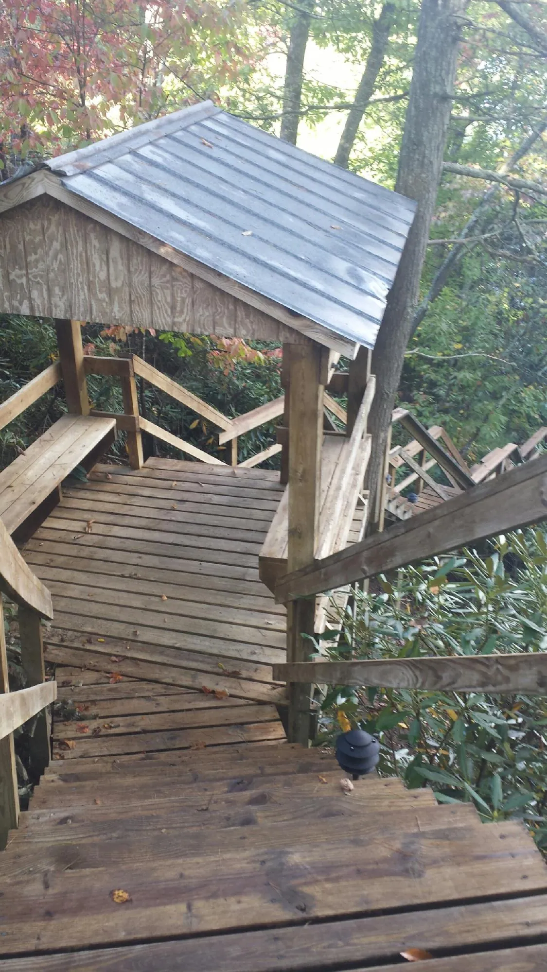 Metal roofed shelter over wooden steps on a wooded walkway — Skylight Repair & Installation work by our crew in Matamoras